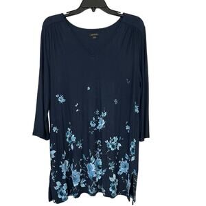J Jill Wearever Collection Blue Floral V Neck Tunic Top Large Summer Coastal